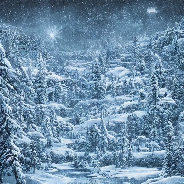 Prompt: beautiful illustration of advanced civilization composed of floating snowy forests
