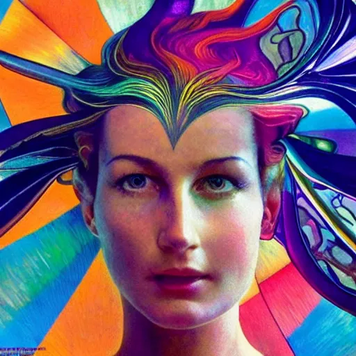 Image similar to extremely beautiful futuristic super schizophrenic psychedelic prismatic superhuman, lush detail, national geographic, steichen, herb ritts, roger deakins, anne leibovitz, alphonse mucha, art deco, sharp focus, ultra - realistic, hyperrealism, psychosis, beautiful psychotic radiant madwoman, super schizophrenic superhuman superhero, illuminated, volumetric light