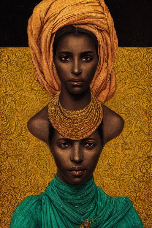 Image similar to Portrait of a Arabic African female, sad green eyes, beautiful skin, elegant, jewellery, digital painting, Pre-Raphaelites, highly detailed, concept art, smooth, sharp focus, gold and indigo, illustration, art by Klimt .