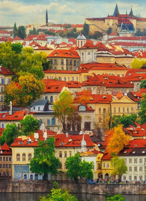 Image similar to painting of beautiful shot of Royal medieval European city like Prague mixed with Istanbul like Islamic architecture with greenery all around , autumn colors