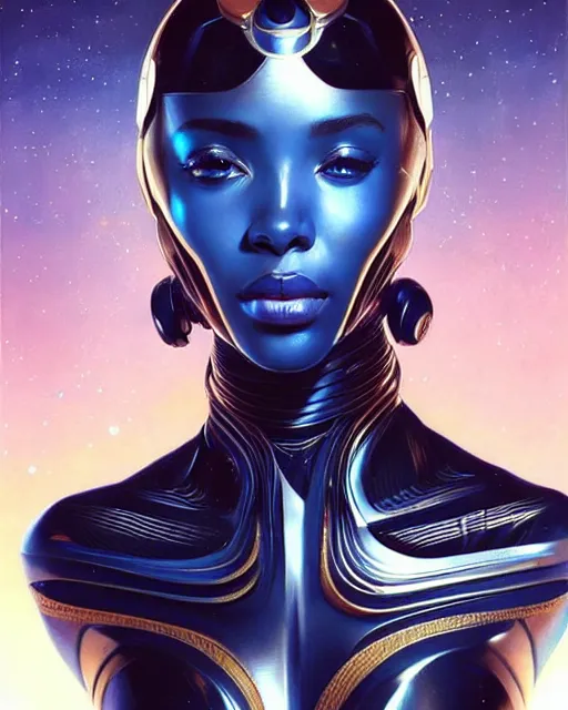 Image similar to Portrait of very very very very very very beautiful african woman, spacesuit, futuristic cybernetic helmet, blue eyes, real life skin, intricate, elegant, highly detailed, artstation, concept art, smooth, sharp focus, art by artgerm and greg rutkowski and alphonse mucha