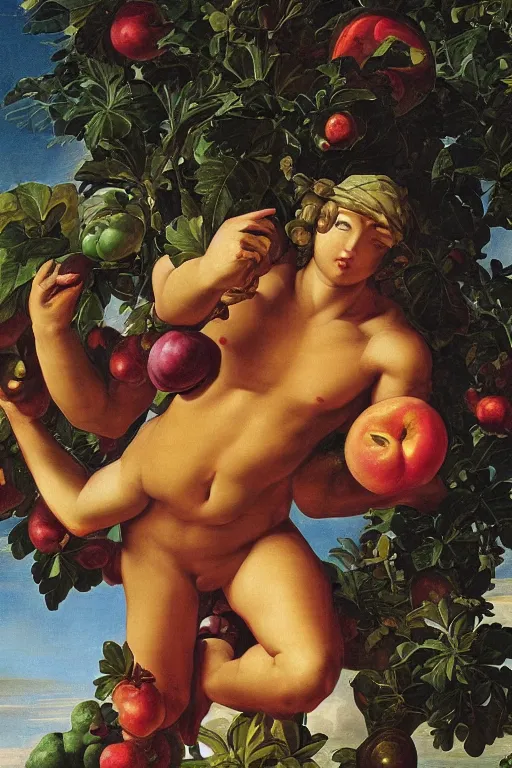 Prompt: cyborg and human, garden with fruits on trees, closeup, ultra detailed, Guido Reni style