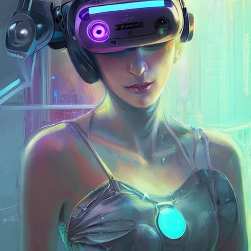 Prompt: portrait of a beautiful cybernetic raver girl wearing a oculus rift headset in a futuristic japanese penthouse, cyberpunk concept art by pete mohrbacher and artgerm and wlop and greg rutkowski, digital art, highly detailed, intricate, sci-fi, neon colors, sharp focus, Trending on Artstation HQ, deviantart, unreal engine 5, 4K UHD image