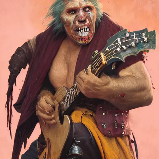 Prompt: detailed photo of a orc bard portrayed by Gary Busey witha lute, 8k,by Tristan Eaton, Stanley Artgermm, Tom Bagshaw, Greg Rutkowski, Carne Griffiths, trending on DeviantArt, face enhance, hyper detailed ,full of color, dramatic lightning, epic stance