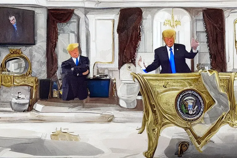 Image similar to Donald Trump visibly pouts as his bathroom is raided by many federal agents, raided by feds, panicking, golden toilet, Highly detailed, Cinematic, photorealistic, Realistic, detailed.