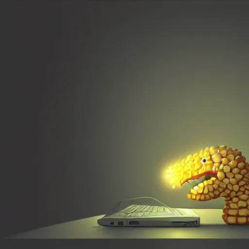 Image similar to anthropomorphic corn cob typing on his laptop in a dark room, face illuminated, hyperrealistic, artstation, 8 k, concept art, very detailed, hd, digital painting, dramatic lighting