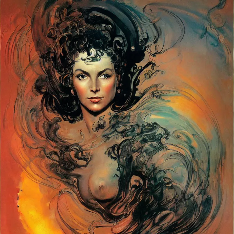 Prompt: portrait of a woman with swirling hair and fractal skin by frank frazetta, retrofuturism, psychedelic art reimagined by industrial light and magic