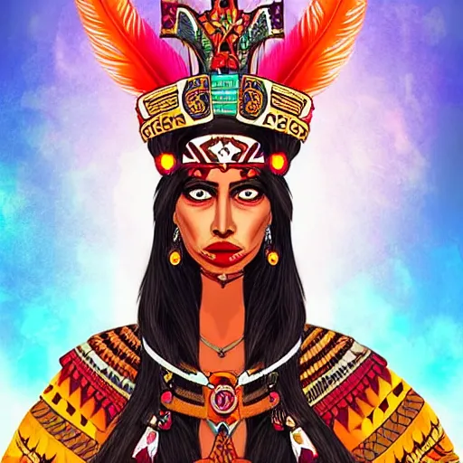 Image similar to character design, aztec warrior goddess with beautiful woman face, crown of very long feathers, full body, glowing aztec tattoos, beautiful,