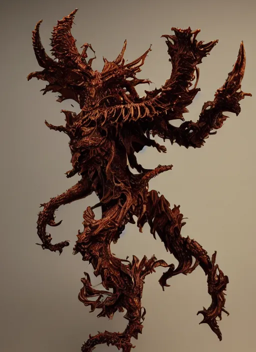 Image similar to high intricate sculpture of a baroque hellfire demon made of porclain, studio light, maria panfilova, andrea savchenko, mike kime, ludovic plouffe, qi sheng luo, oliver cook, trending on artstation