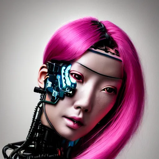 Image similar to portrait of a beautiful mongolian woman with pink hair as a cyberpunk cyborg half robot, revealing wires and electronics, hooked - up, sci - fi, missing panels, intricate abstract upper body intricate artwork, concept art, octane render, deviantart, cinematic, key art, hyperrealism, iridescent accents, portrait photograph, nikon 3 5 mm, photograph by greg rutkowski