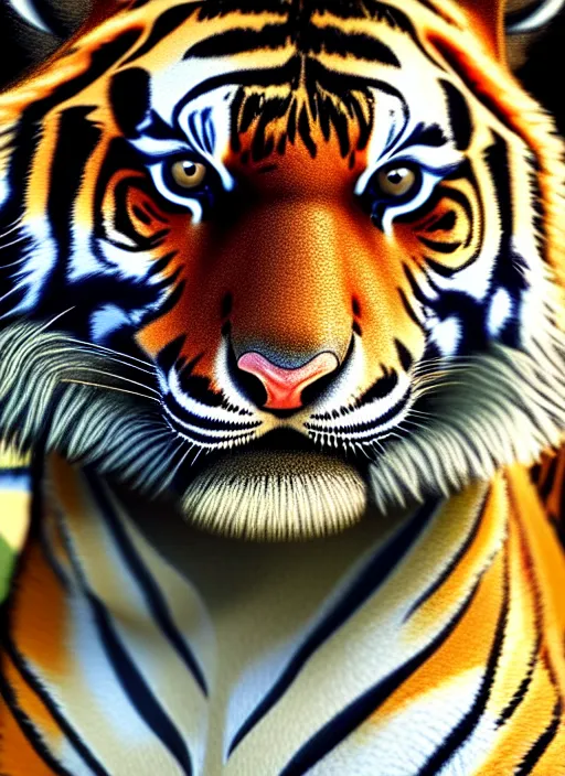 Image similar to photo of a gorgeous young tiger in the style of stefan kostic, realistic, sharp focus, 8k high definition, best on artstation, insanely detailed, intricate, elegant, art by stanley lau and artgerm