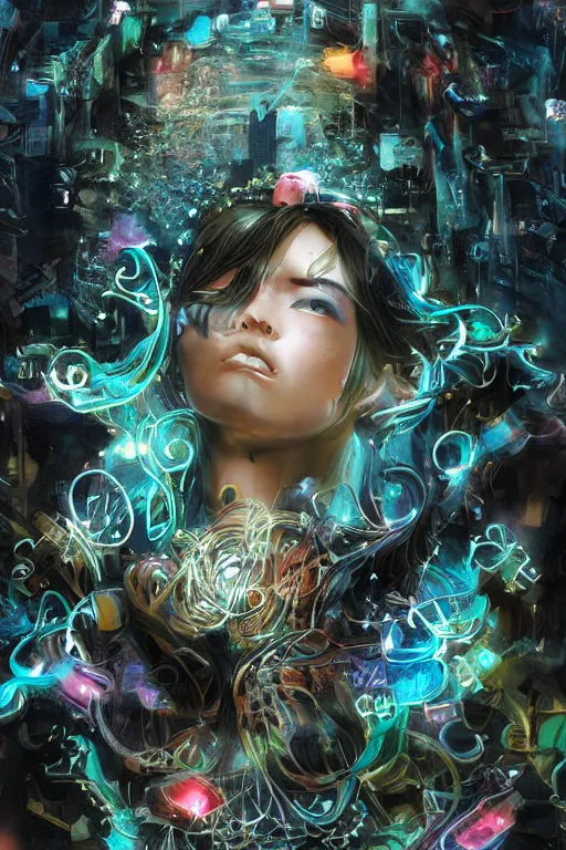 Prompt: An extremely beautiful neon-noir kawaii ornate highly detailed HD portrait of a young attractive woman with a silky bio-luminiscent holographic dress, neo-cyberpunk, professionally painted digital art illustration, smooth, sharp focus, atmospheric lighting, highly detailed illustration highlights, golden ratio, symmetrical facial features, extremely detailed winning award masterpiece, very coherent symmetrical artwork, sense of awe, 8K post-processing, trending on artstation flawless, prismatic highlights, telephoto, depth of field, cinematic, macro, concept art, wepa digital, elegant, epic, octane render, v-ray, C4D