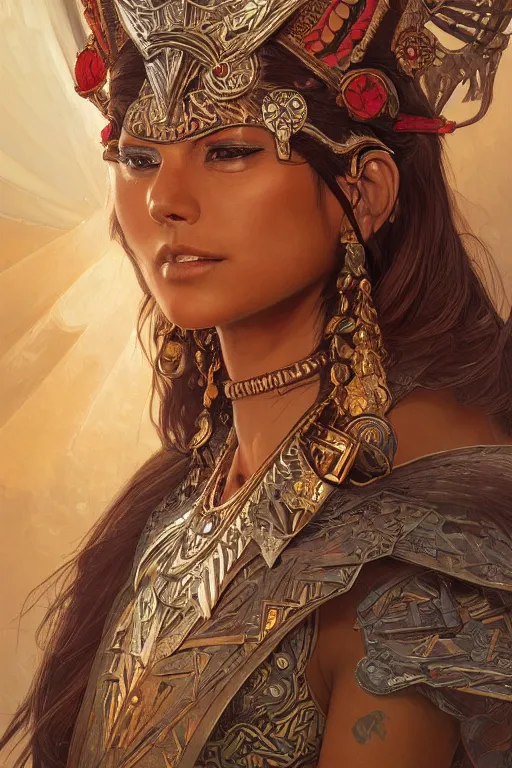 Image similar to a portrait of a anthropomorphic an acient aztec warrior goddess, D&D, fantasy, intricate, highly detailed, digital painting, artstation, concept art, smooth, sharp focus, illustration, art by artgerm and greg rutkowski and alphonse mucha