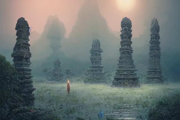 Image similar to photography of a beautiful archipelago of never seen before stunning ancient indian temple and palaces. complex intricate pilars patern, runes. trees water and flowers. afternoon light inspiring science fiction, intricate, elegant, uplifting, inspirational, highly detailed by beksinski and simon stalenhag