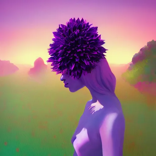 Image similar to portrait, giant purple dahlia flower head, woman in oasis, surreal photography, sunrise, blue sky, dramatic light, impressionist painting, digital painting, artstation, simon stalenhag