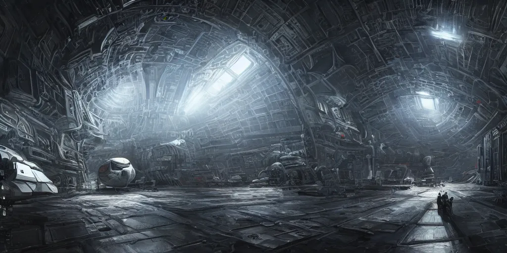 Prompt: an extremely detailed masterpiece epic scene of the inside of a cavernous spaceship cargo bay with various types of parked militarized spacecraft and an opened hanger door space scene in background, in the style of lebbeus woods, intricate, elegant, highly detailed, digital painting, artstation, cinematic lighting, extremely moody lighting, glowing light and shadow, 4 k