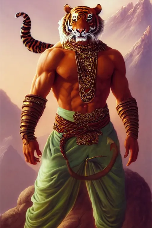 Prompt: full figure, beautiful fantasy character portrait, male martial artist, fit anthropomorphic tiger, dressed in fluent oriental pants, jeweled, mountain background, hyper realistic, highly detailed by peter mohrbacher, wayne barlowe, boris vallejo, paolo eleuteri serpieri