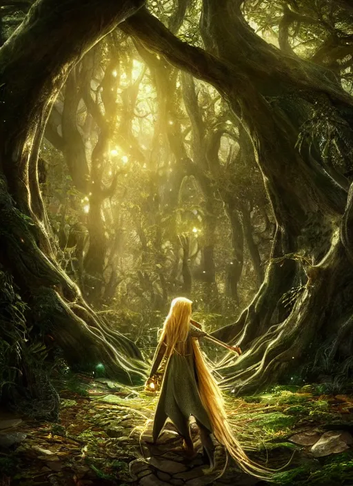 Image similar to magical forest with gold and silver leafs, music, girl with blond long hair back view, elves, lord of the rings style, ultra detailed, trending on artstation, concept art, octane render, unreal engine,