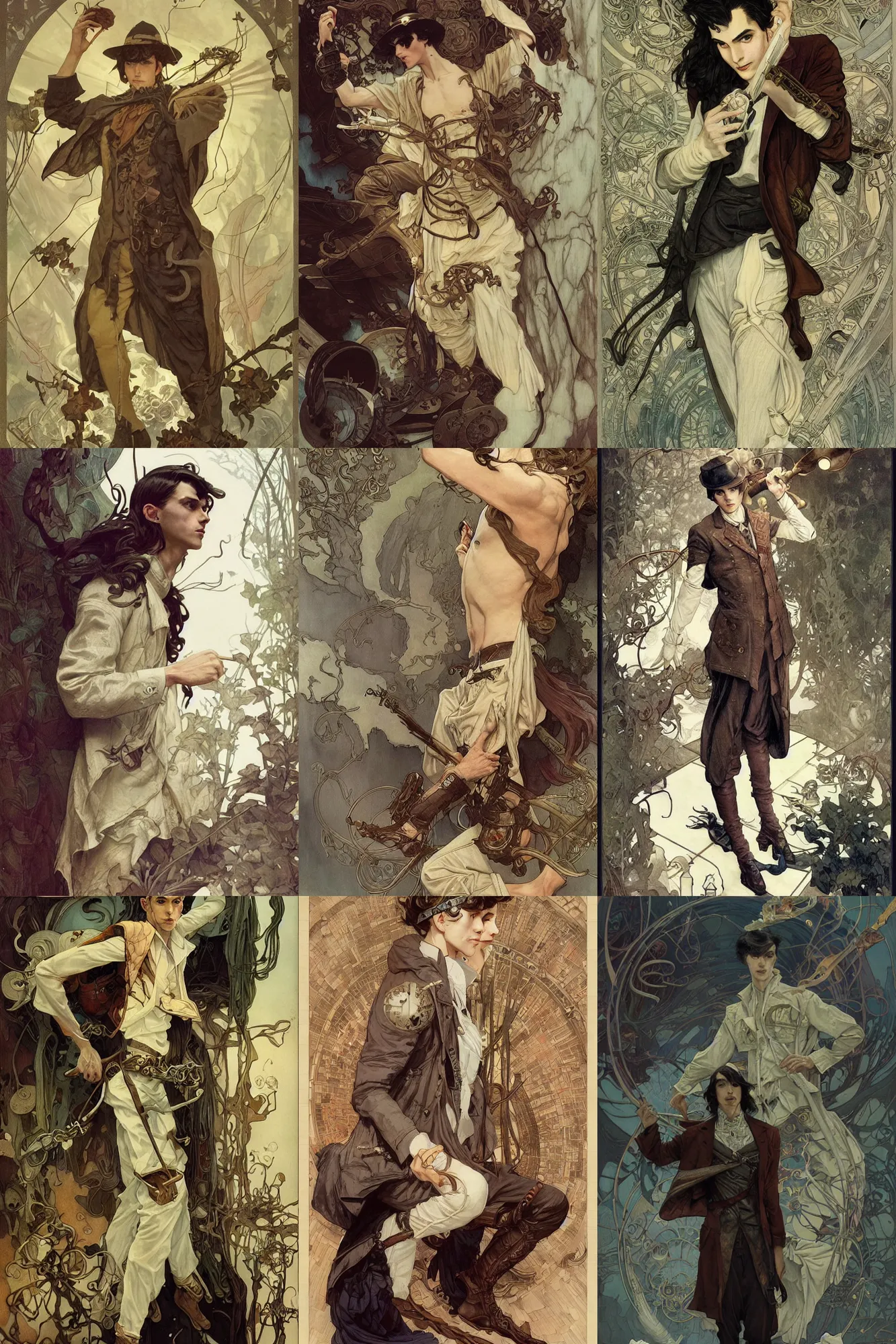 Prompt: thin young male alchemist, long dark hair, 1 9 2 0 s fashion, fantasy, highly detailed, intricate, smooth, art by joseph leyendecker, peter mohrbacher, ruan jia, marc simonetti, ayami kojima, cedric peyravernay, alphonse mucha