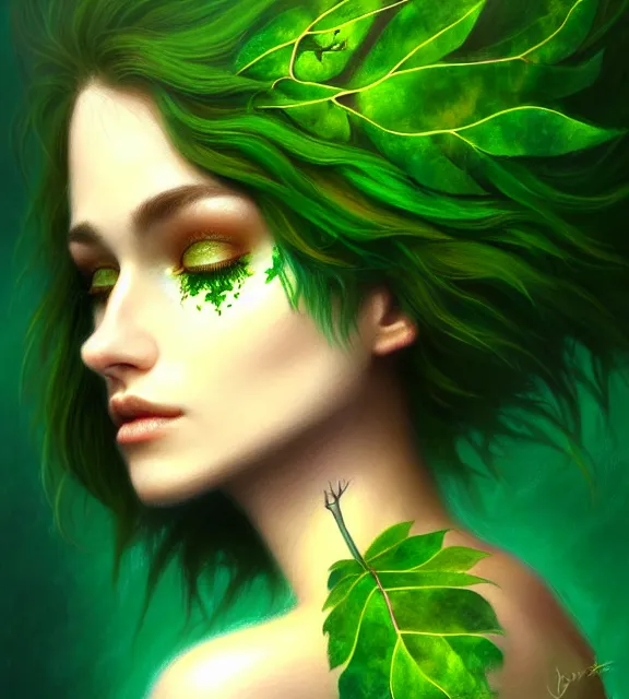 Image similar to beautiful tree wearing green leaf halter top, perfect face, dark green leaf hair, with abs, cinematic, blush, stunning, elegant, highly detailed, psychedelic, digital painting, artstation, smooth, hard focus, illustration, art by jessica rossier and and brian froud