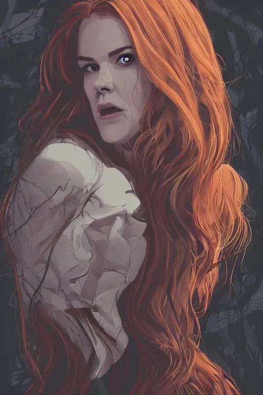 Image similar to isla fisher in sleepy hollow, full body, big two toned eyes, teeth gritted, horror, intricate details, cinematic, epic, realistic, anatomy, tomer hanuka, uplight, artstation, photorealistic, scary