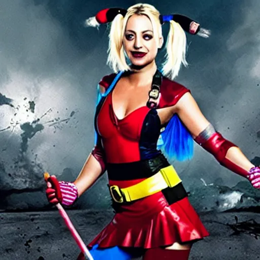 Image similar to A still of Kaley Cuoco as Harley Quinn