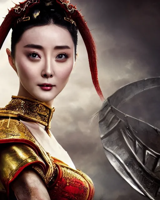 Prompt: fan bingbing as chinese warrior princess at the battle of helms deep, background: battle scene, clear makeup, clean hair, dry skin, clear skin, airbrushed, bright eye makeup, warrior body, photo by mario testino, 8k octane render, cinematic, hyper detailed, micro details, insanely detailed, trending on artstation, concept art