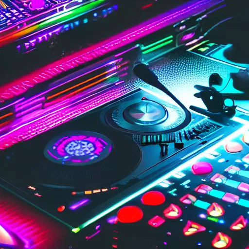 Image similar to electronic dj, dj performing live streaming to online, focus on dj turntables, cyberpunk 2 0 7 7, cyberpunk, photorealistic, ultra detailed, neon, octane, bokeh, cinematic lighting, cyber, cyberpunk city, headphones, studio quality, feature, scars, cyberface, 8 k