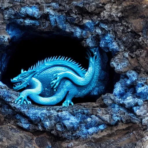 Image similar to Dragon sleeping in a deep, dark cave made of blue crystal.