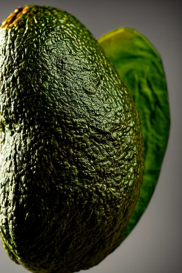 Image similar to renaissance portrait close up of highly detailed respected dragonskinned avocado, fake mustache, dramatic cinematic lighting, 8 k