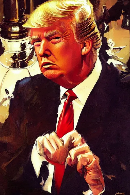 Prompt: donald trump, painting by jc leyendecker!! phil hale!, angular, brush strokes, painterly, vintage, crisp