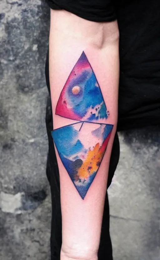 Prompt: watercolor tattoo design of the solar system and triangles