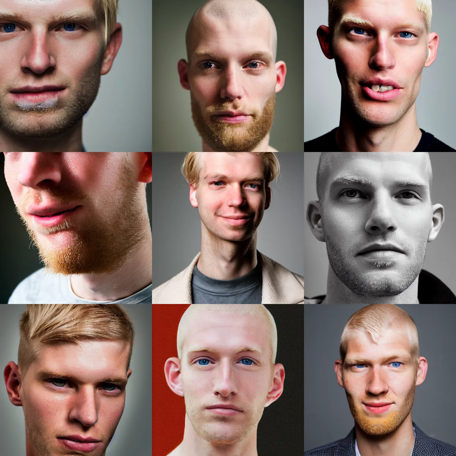 Prompt: close-up portrait of a tall thin blond man late-twenties with a shaved head and squinty eyes and an orange beard and rosy cheeks.