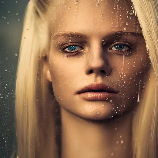 Image similar to a beautiful blond girl with human face and cybernetic body, standing on top of a pile of sculls, pretty face, perfect face, fine details, heavy rain, 8 k, shallow depth of field, moody lighting, cinematic lighting,