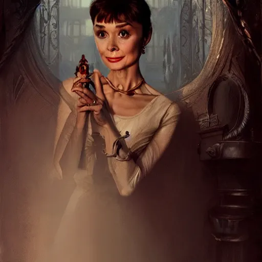 Image similar to audrey hepburn in a horror novel, inside haunted mansion, various scenarios, highly detailed, digital painting, artstation, art by gaston bussiere, greg rutkowski, j. c. leyendecker