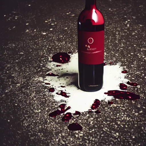 Prompt: photography of a wine bottle crashing on the floor, bottom bottle explode but bottle neck remain, clear view on the label, wine splash, cinematographic look, award photography