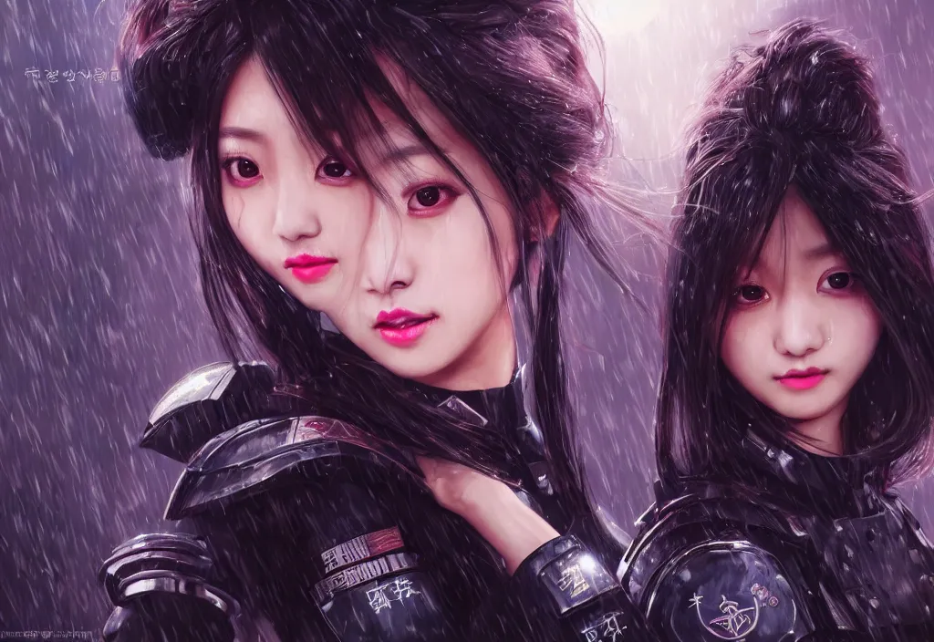 Image similar to portrait tzuyu from twice + black hair of futuristic female police, black armored uniform, at rooftop futuristic colorpunk tokyo rainy night, ssci - fi and fantasy, intricate and very very very beautiful, highly detailed, digital painting, artstation, concept art, smooth and sharp focus, illustration, art by tian zi and wlop and alphonse mucha