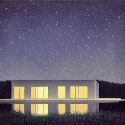 Image similar to atmospheric cozy futuristic organic white concrete house in the middle of a lush and dense forest at night, a beautiful lake next to it, night time, night sky, starry night sky, by Quint Buchholz