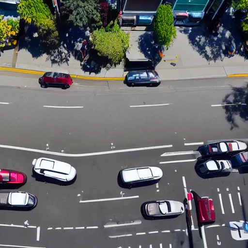 Image similar to A overhead shot taken from the second floor of a brown man parallel parking a white work van, in Vancouver, BC