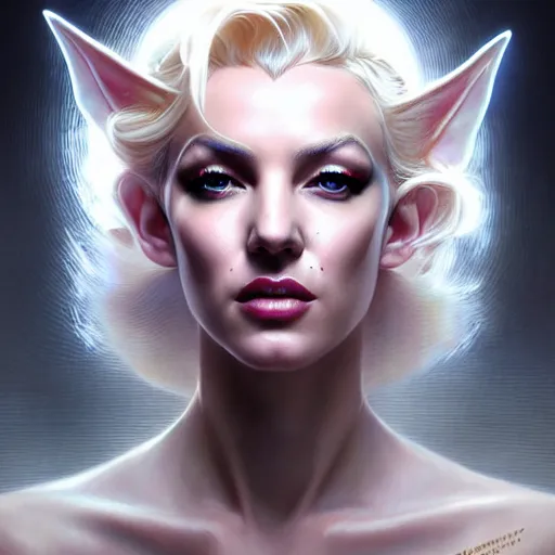 Prompt: portrait painting of a cyberpunk elven decker who looks like marilyn monroe, ultra realistic, concept art, intricate details, eerie, highly detailed, photorealistic, octane render, 8 k, unreal engine. art by artgerm and greg rutkowski and charlie bowater and magali villeneuve and alphonse mucha