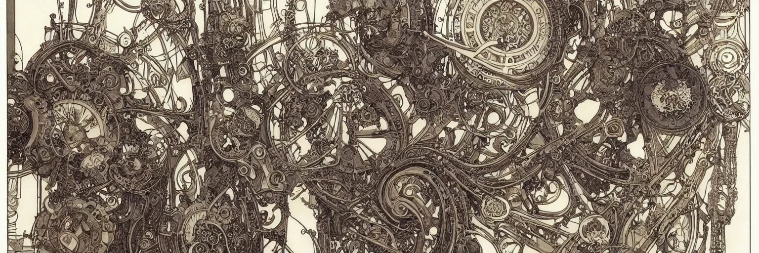 Image similar to art nouveau dieselpunk frames and designs only, no central figure, by travis charest, moebius and mucha, intricate, ornate, circuitry, gears, painted, extremely hyperdetailed, art deco, masterpiece, sharp focus, realistic technical details