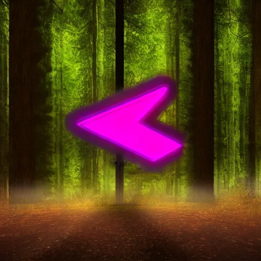 Prompt: neon sign in the shape of a arrow pointing the way in the forest at night, dynamic lighting, photorealistic concept art, hyper realism, stunning visuals