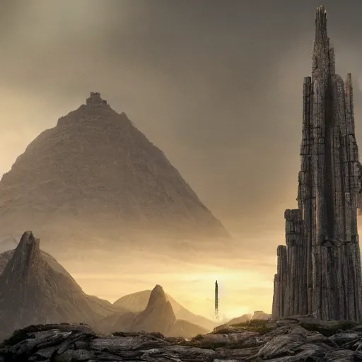 Image similar to a gigantic brutalist ancient tower, a detailed structure with at the top 3 spires in form of a trident, 6 0 0 hundred meters tall set against sunlit, all surrounded by smoke, mountains and a huge old city, 8 k, art station, ultra realistic, cinematic composition, style of weta, in the style of ilm