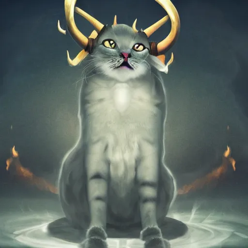 Image similar to evil cat with horns on its head sitting on a burning throne, the lord of hell, vast expanse of hell background, cat satan,