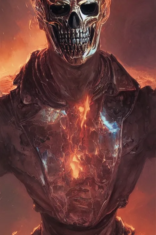 Image similar to Portrait of Ryan Gosling as Ghost Rider, half human face, marvel, dark, intricate, highly detailed, smooth, artstation, digital illustration by Ruan Jia and Mandy Jurgens and Artgerm and Wayne Barlowe and Greg Rutkowski and Zdislav Beksinski