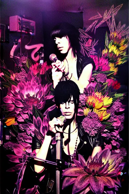 Prompt: the velvet underground and nico playing live on stage at a night club, beautiful stage decoration with flowers in the background, painting by yoji shinkawa, very detailed and colorful and toned down and ornamental and moody and cool and relaxed and high on drugs, trending on artstation, behance contest winner