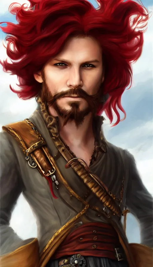 Image similar to portrait of a male pirate with flowing red hair!!!!!!, airship in the background!!!!!!, lean body!!, Steampunk!!!!!!!, D&D, fantasy, simple clothing!!!!, elegant, highly detailed, digital painting, artstation, concept art, sharp focus, illustration, art by Artgerm and Greg Rutkowski and Alphonse Mucha