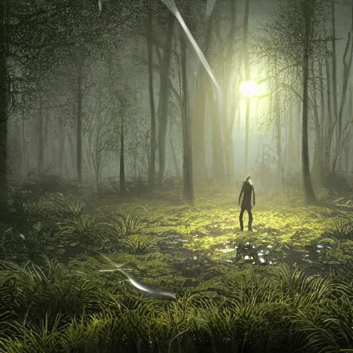 Prompt: a dirty lost person is following a small floating blue slightly glowing ball of light through the swampy forest, extremely detailed multiple unique different art styles.