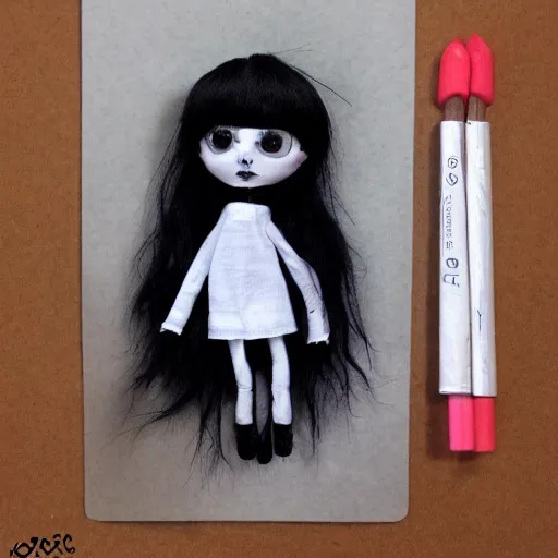 Image similar to Cute emo doll, black line art, in style of Tim Burton