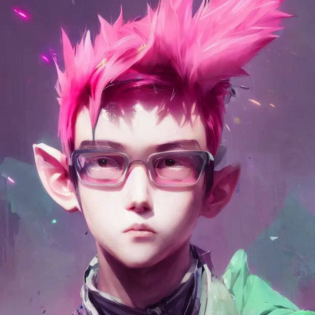 Image similar to a beautiful headshot portrait of a cute anime male boy with pink hair and pink wolf ears and green eyes wearing cyberpunk clothes. character design by cory loftis, fenghua zhong, ryohei hase, ismail inceoglu and ruan jia. artstation, volumetric light, detailed, photorealistic, fantasy, rendered in octane